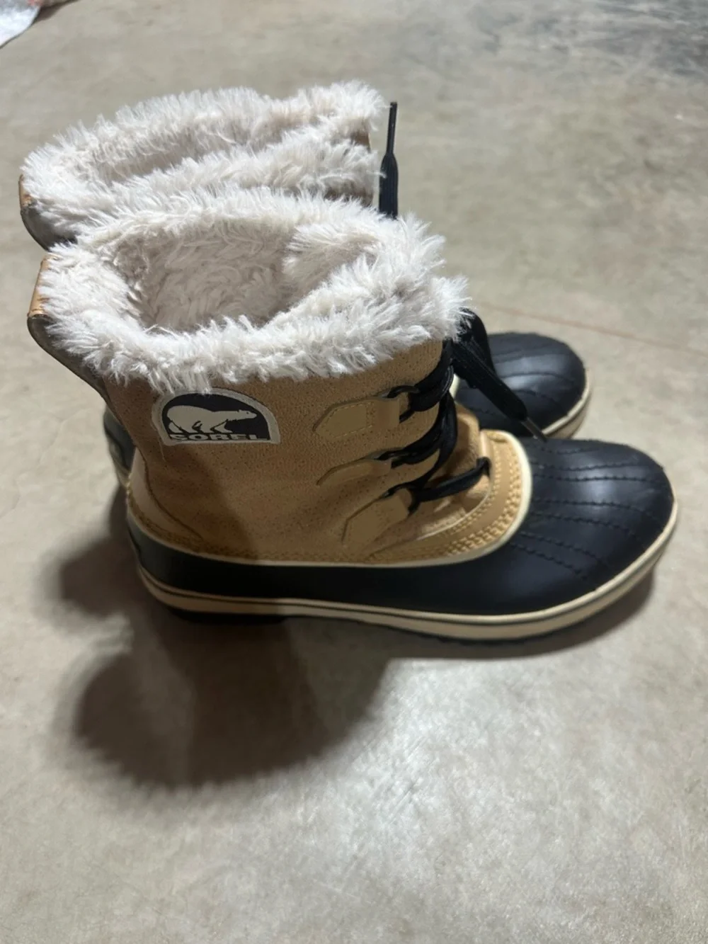 SOREL Tivoli Insulated Two-Tone Waterproof Boots in Tan and Black